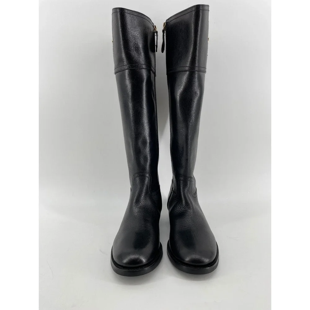 Tory Burch Riding Boots Womens 5M Black Leather Kiernan Gold Logo‎ Tall Zip